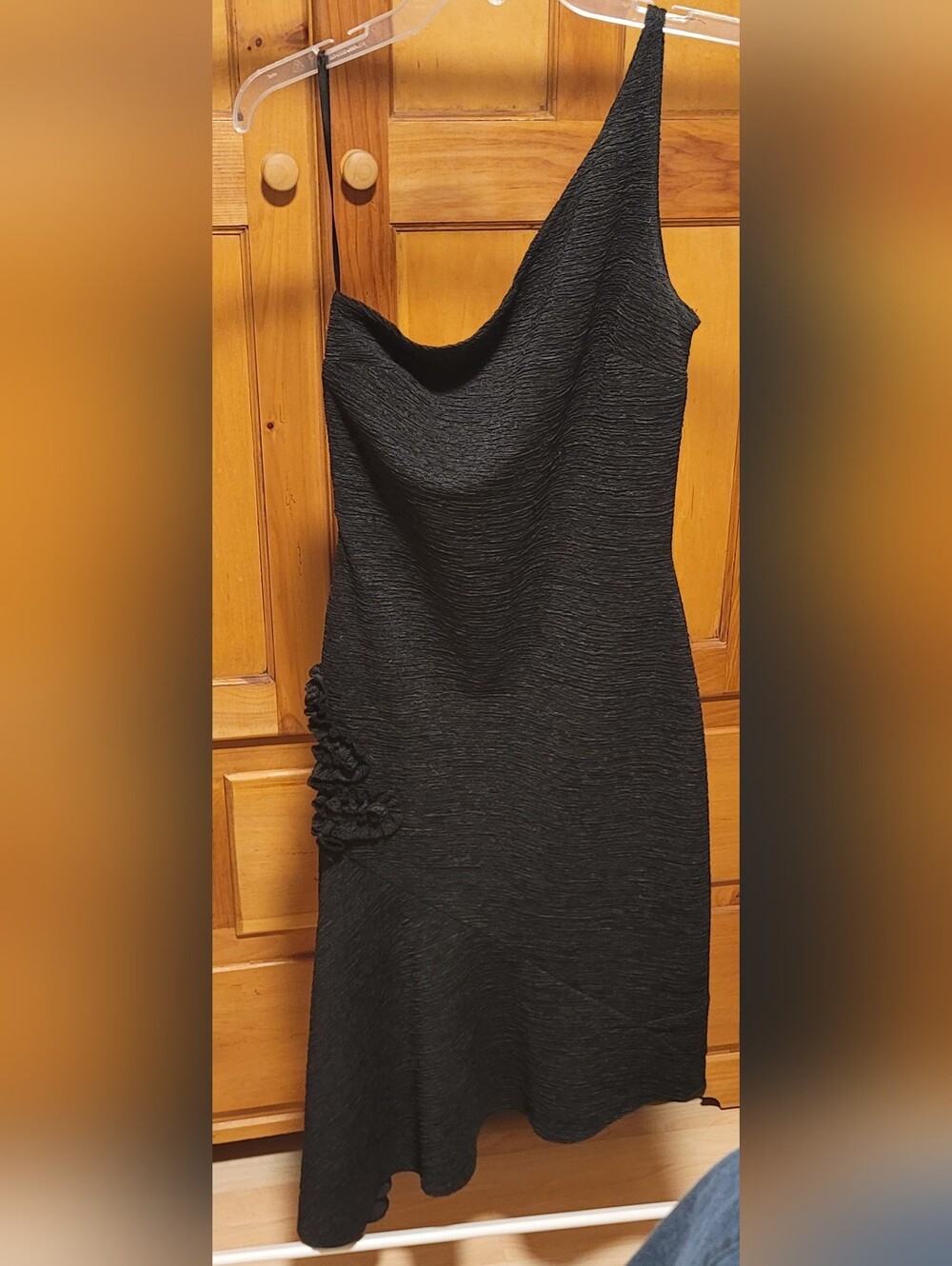 Gunne Sax Black One-shoulder Asymmetrical Hem Textured Dress with Side Rosettes
